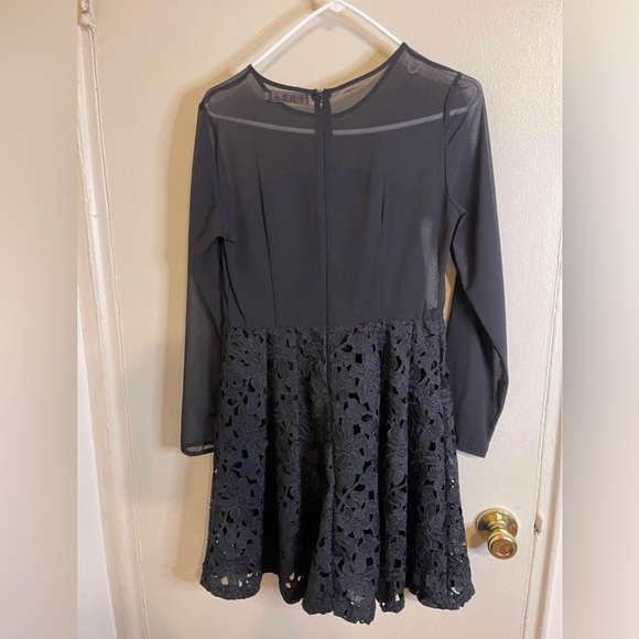 Korean Label BLACK Lace Overlay DRESS Sheer Long Sleeve - Picture 3 of 5